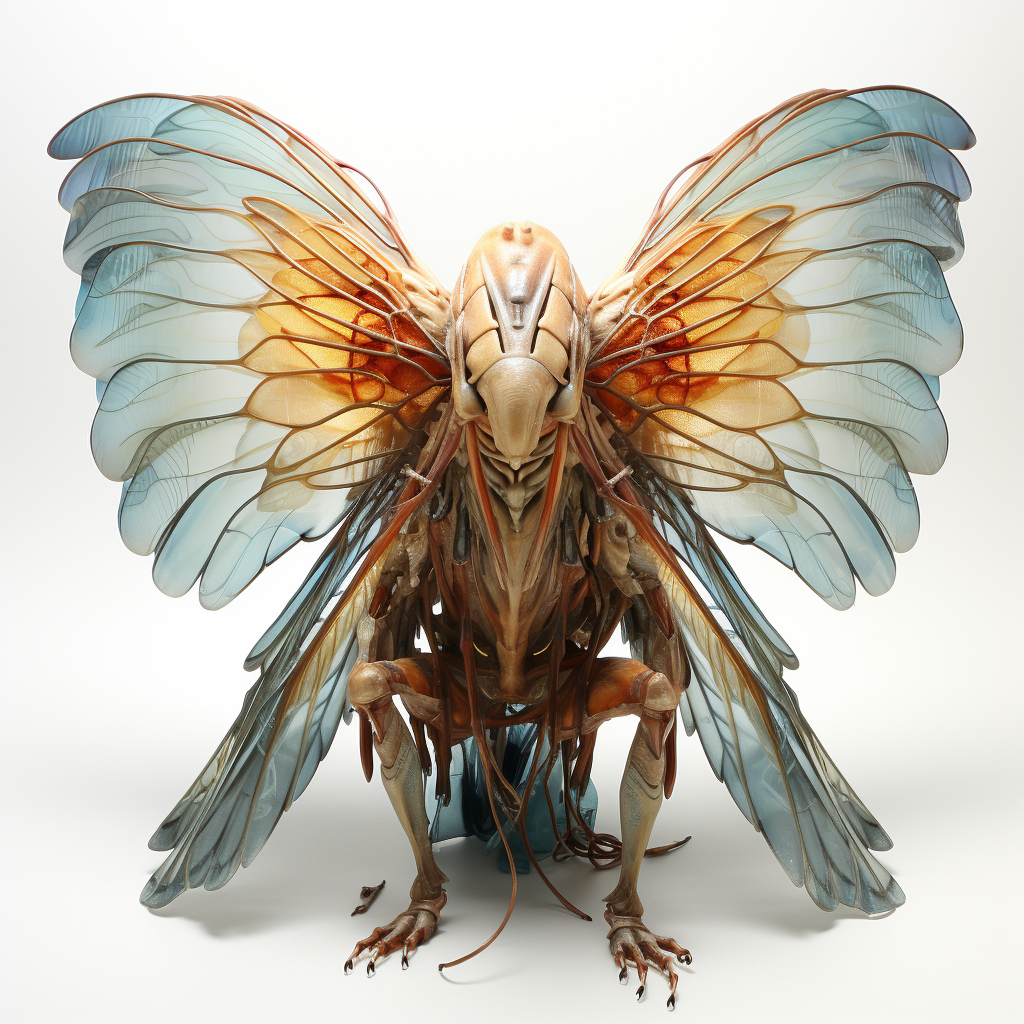 Photorealistic humanoid cicada being with translucent wings