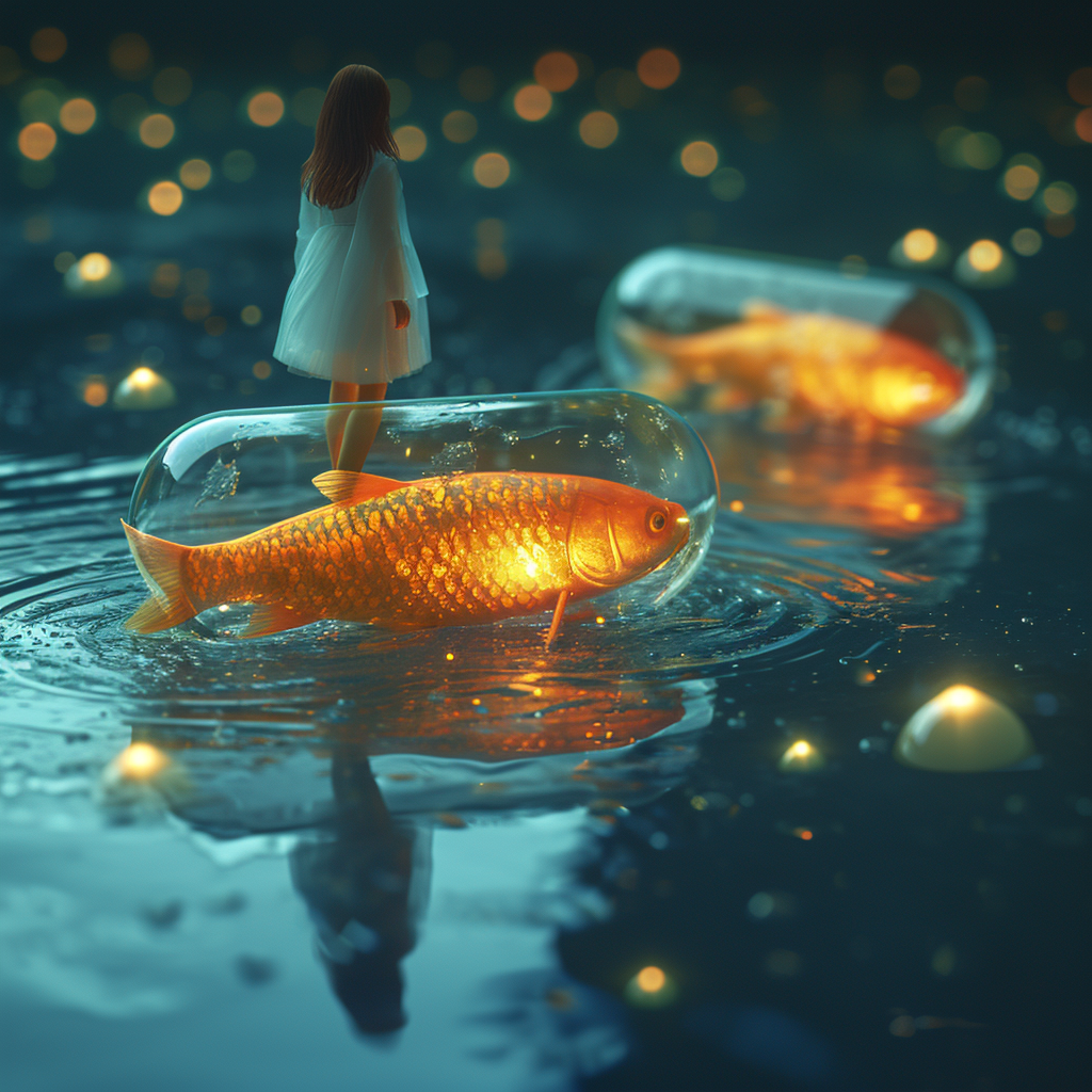 Ethereal woman standing on fish capsules