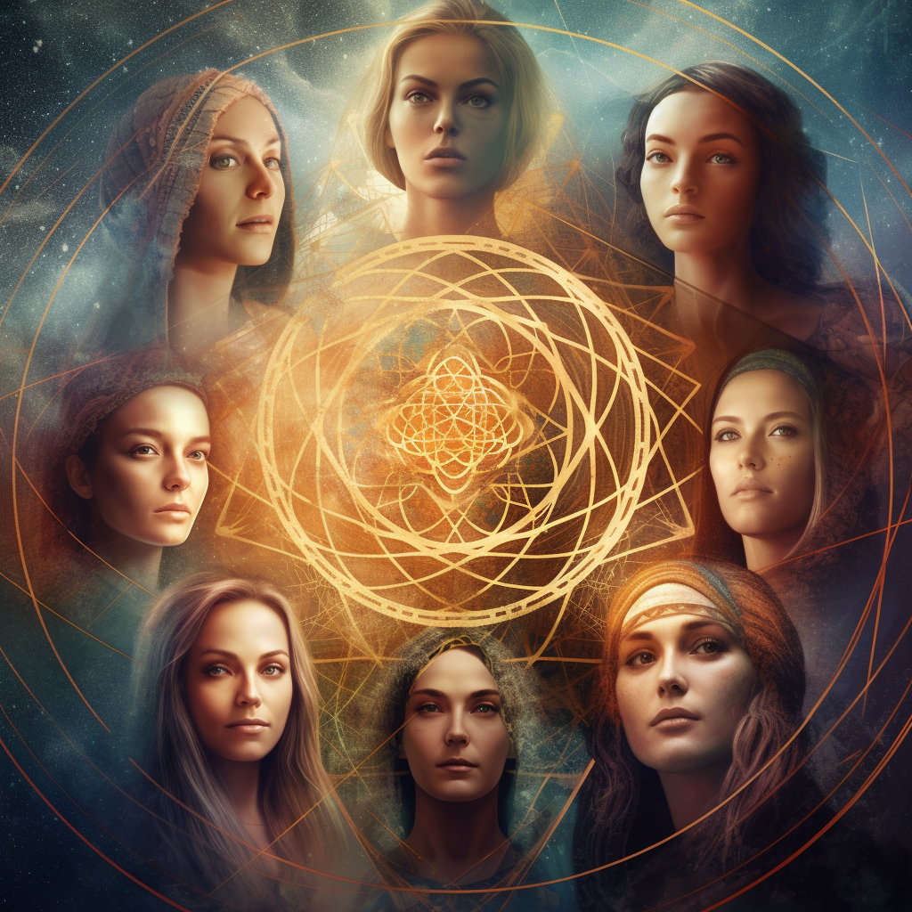 Ethereal women connecting in sacred geometry circle