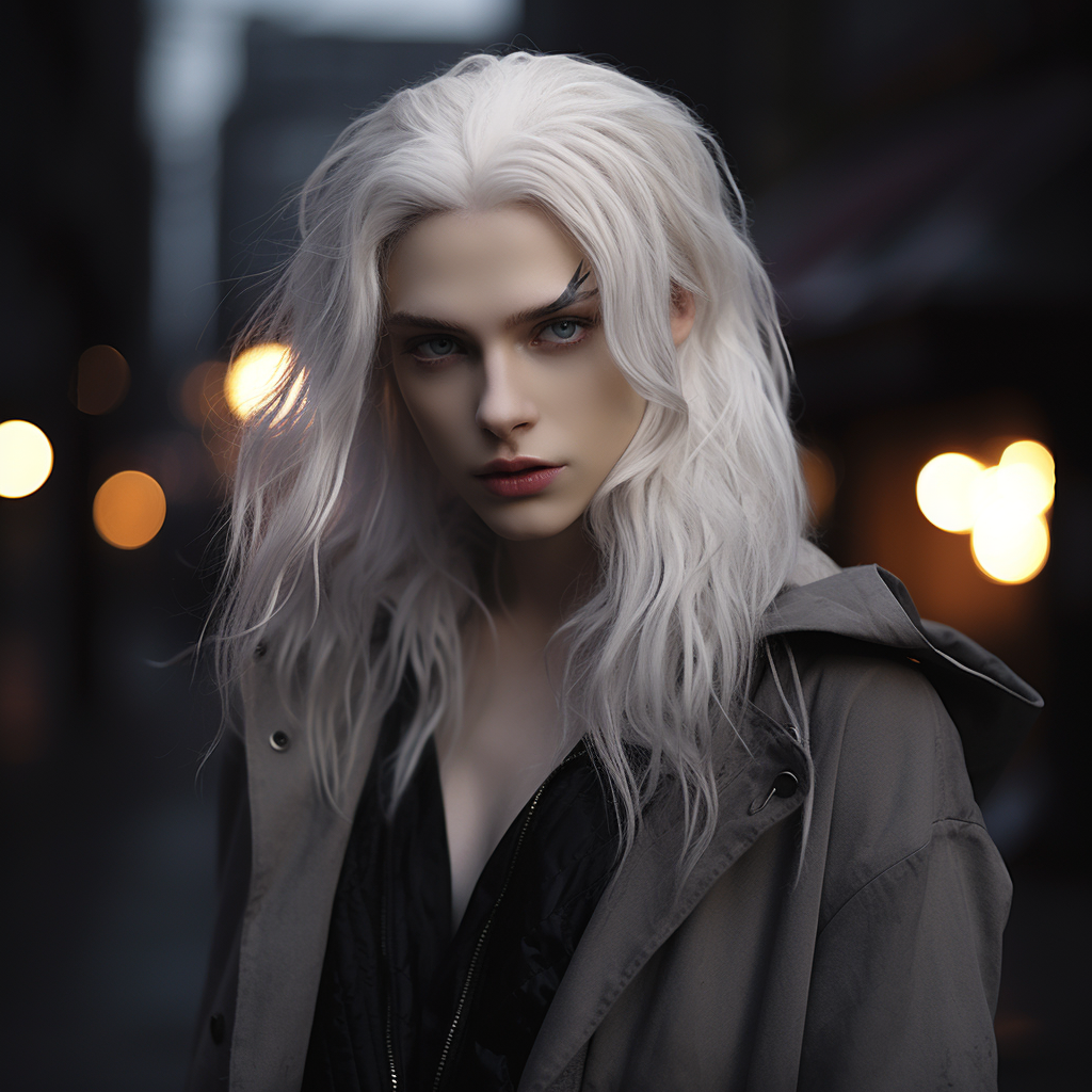 Androgynous male with ethereal beauty and white hair