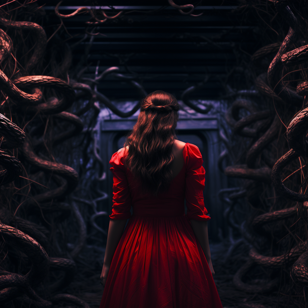 Woman in red dress with snake in ethereal garden.