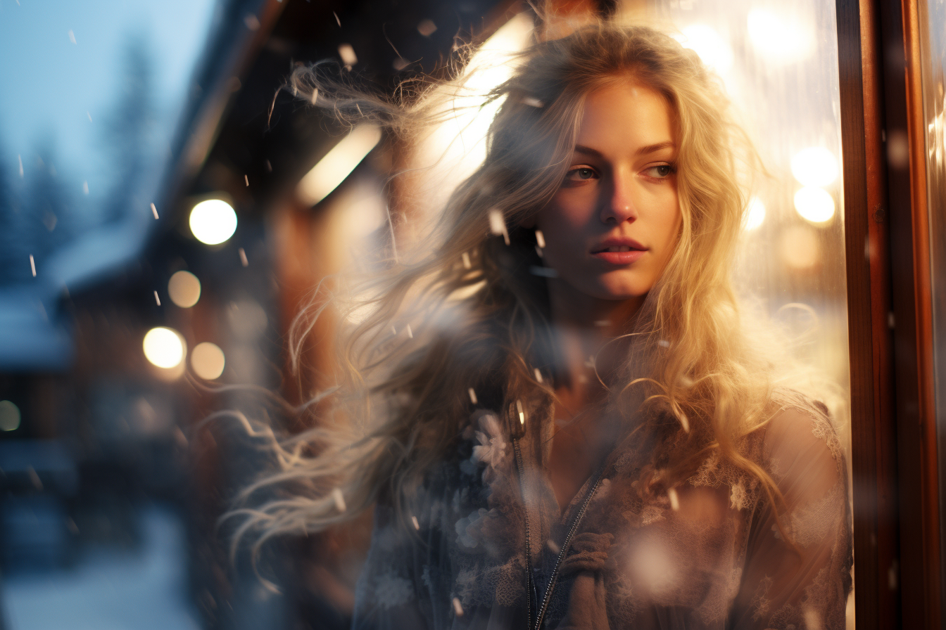 Beautiful ethereal girl outside ski chalet in snow