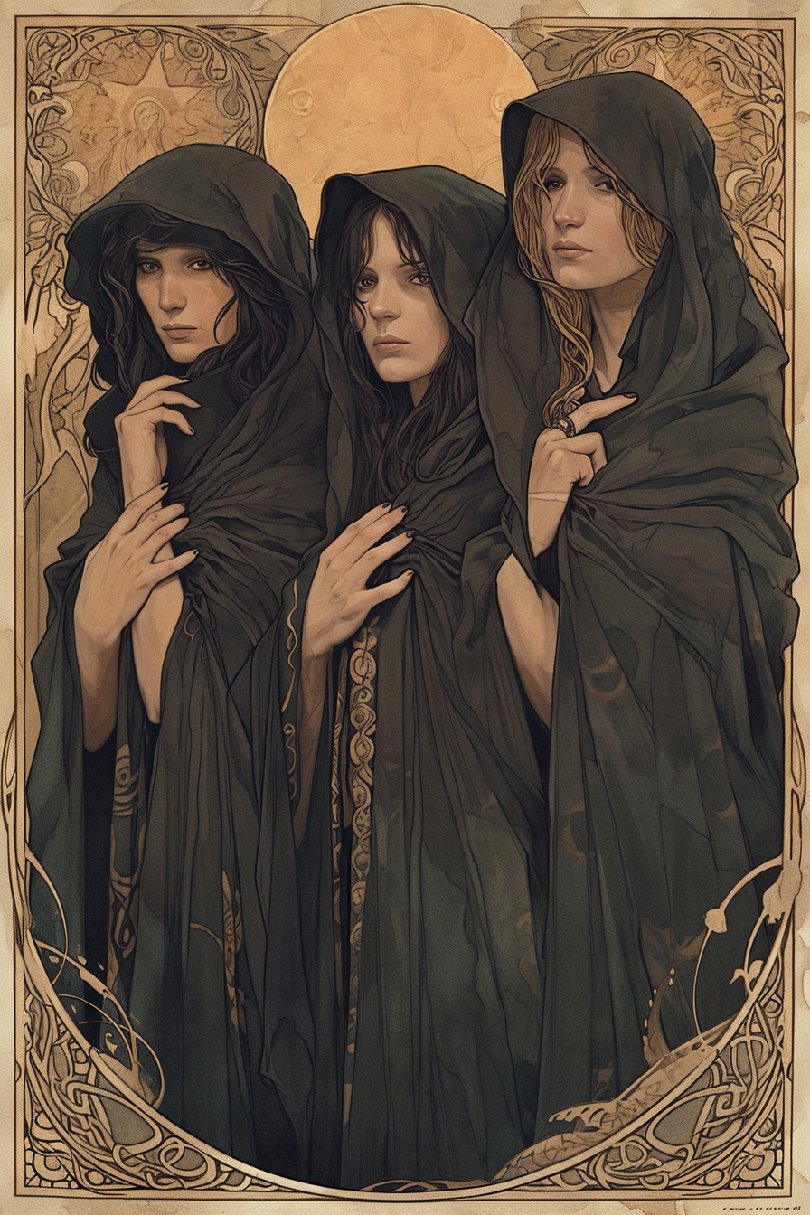 Four women in beautiful black hooded cloaks