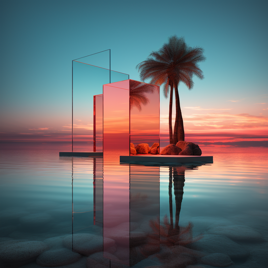 Surrealistic futuristic water scene with palm tree