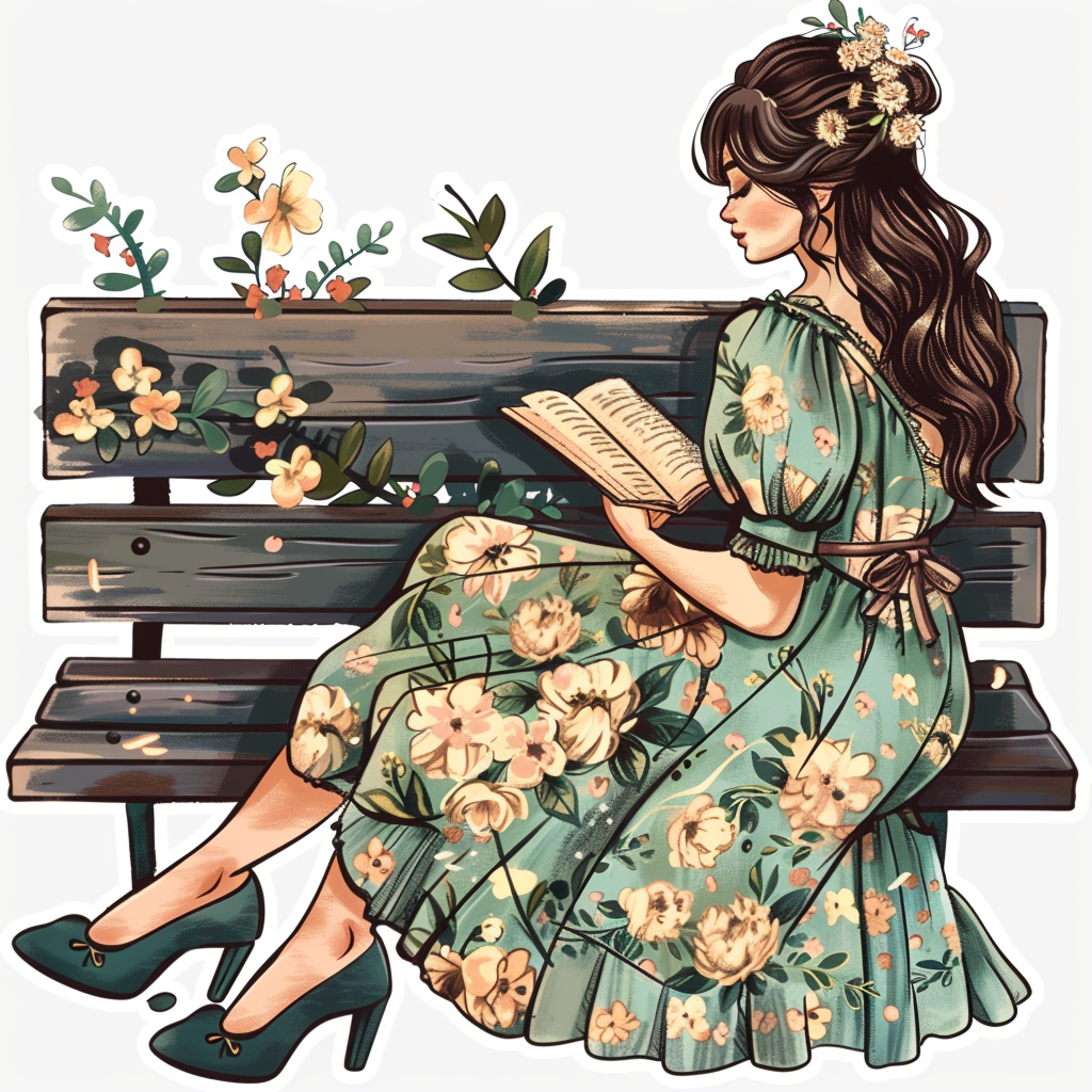 Beautiful ethereal woman reading on bench