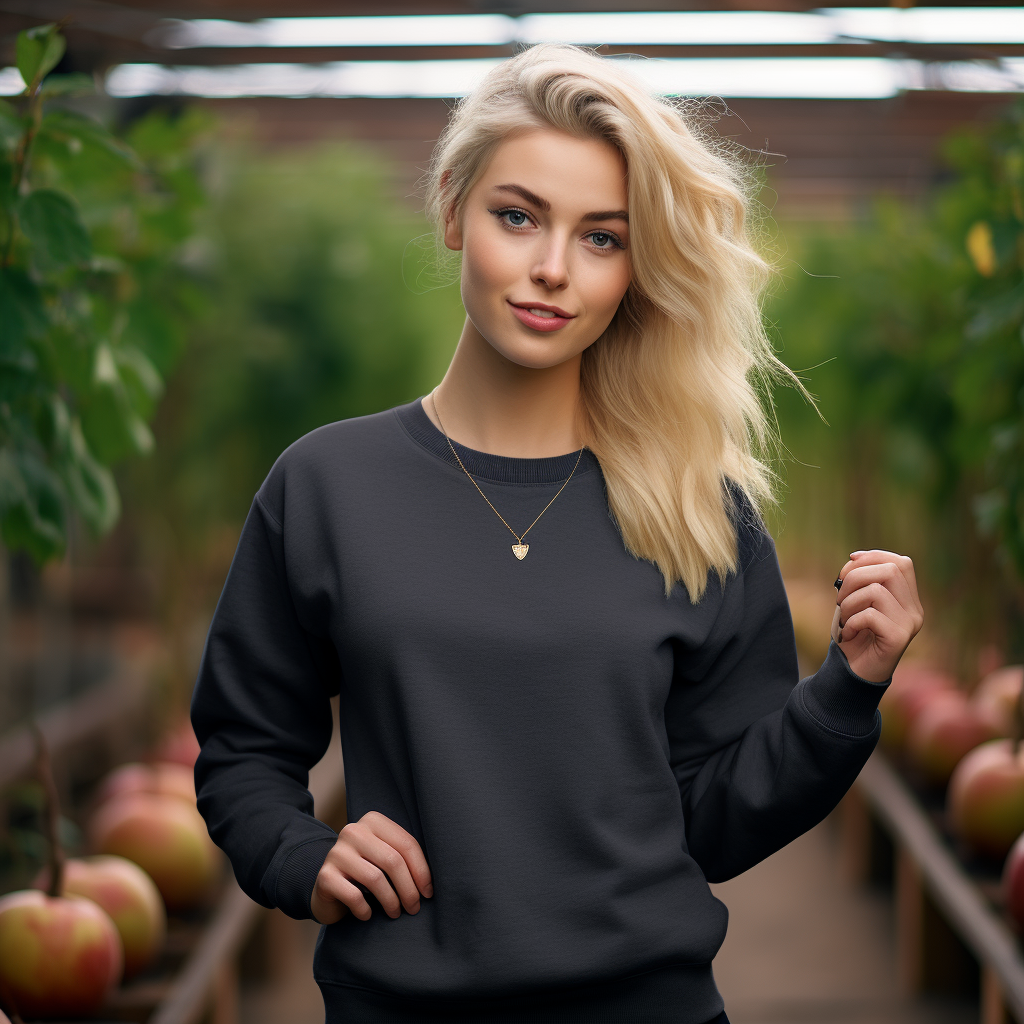 Fashionable woman wearing gray Gildan sweatshirt