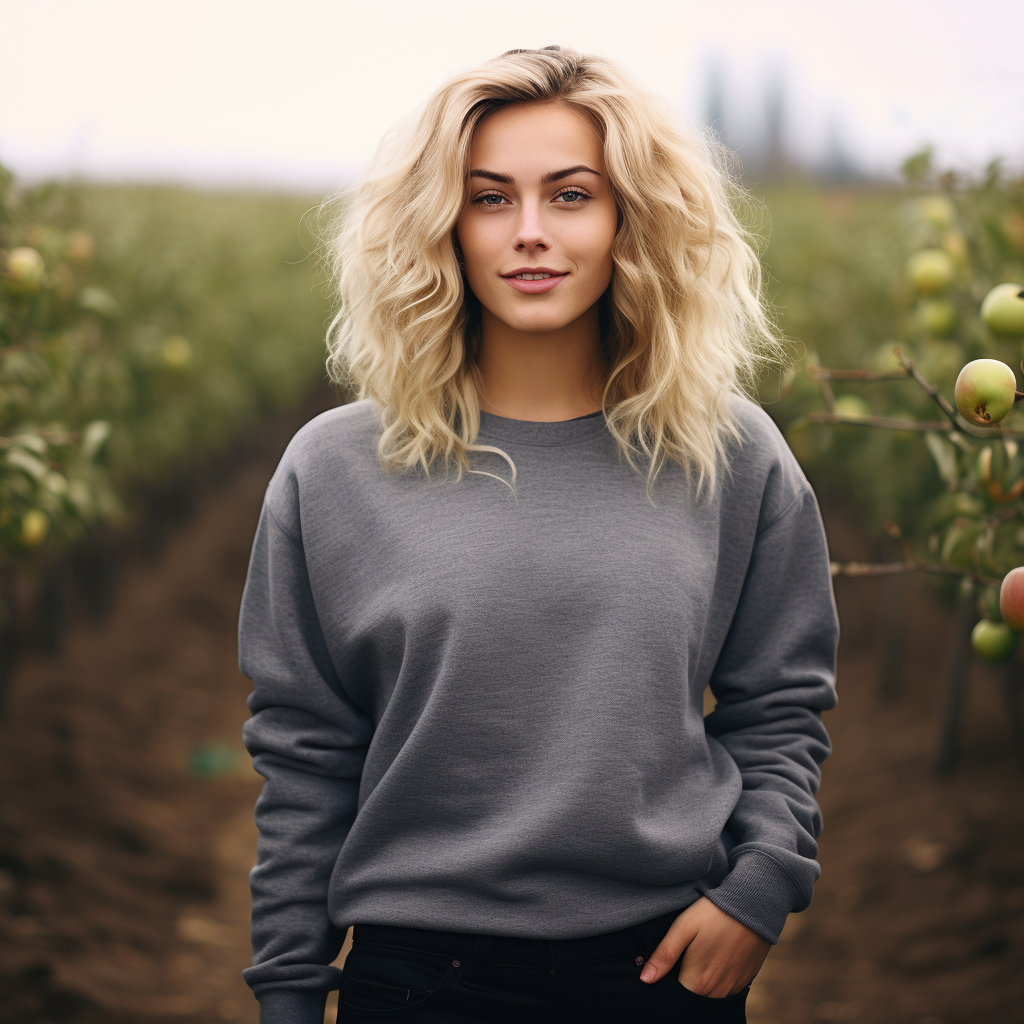 Fashionable woman with shaggy blond hair wearing a sweatshirt