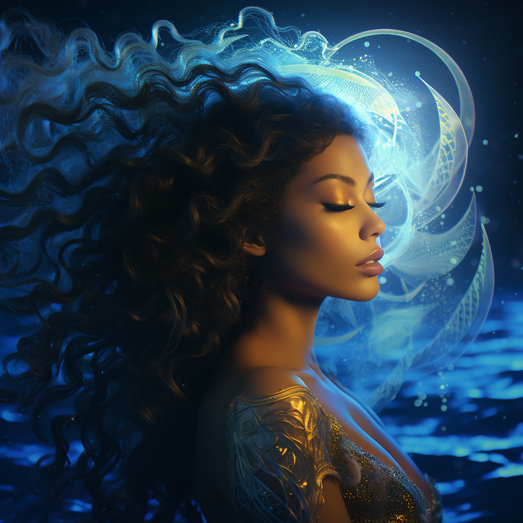 Beautiful telepathic Latina mermaid surrounded by fractal waves