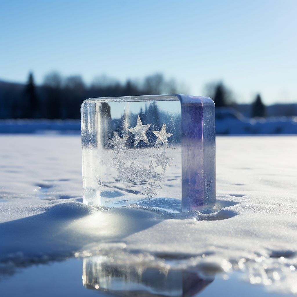 Euro inside ice cube on snowy background