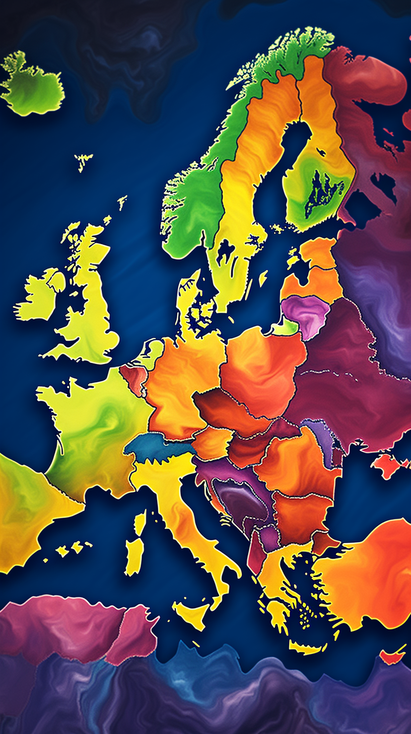 Colorful map of Europe showing all countries