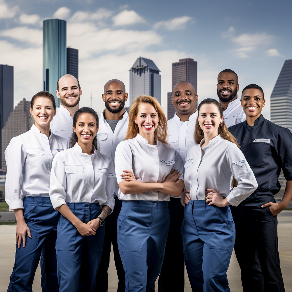 European workers smiling with Houston Texas skyline