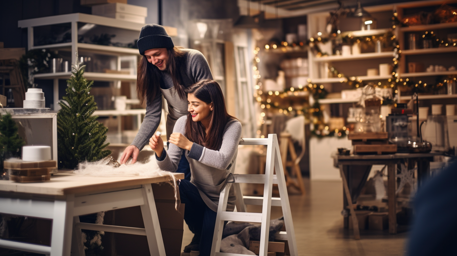 Young European couple decorating Christmas tree