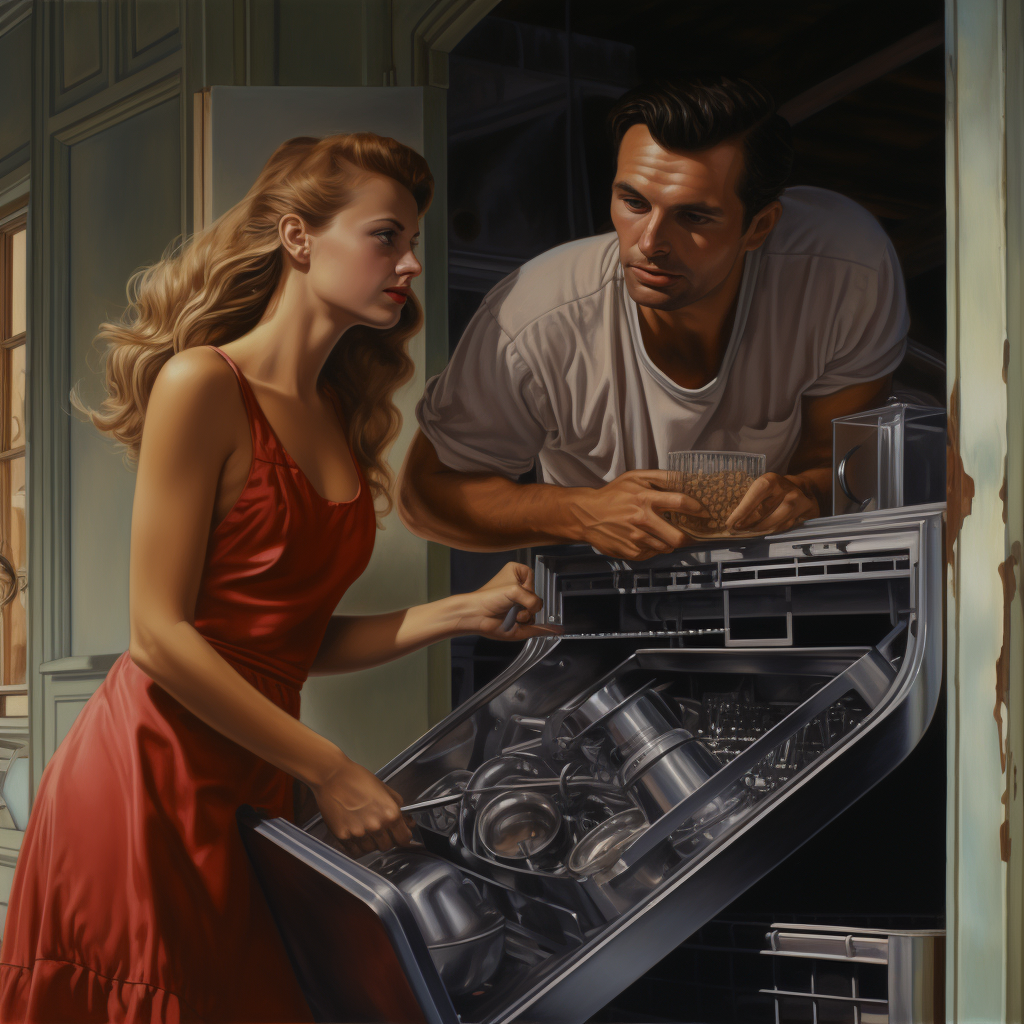 European couple loading dishwasher in kitchen