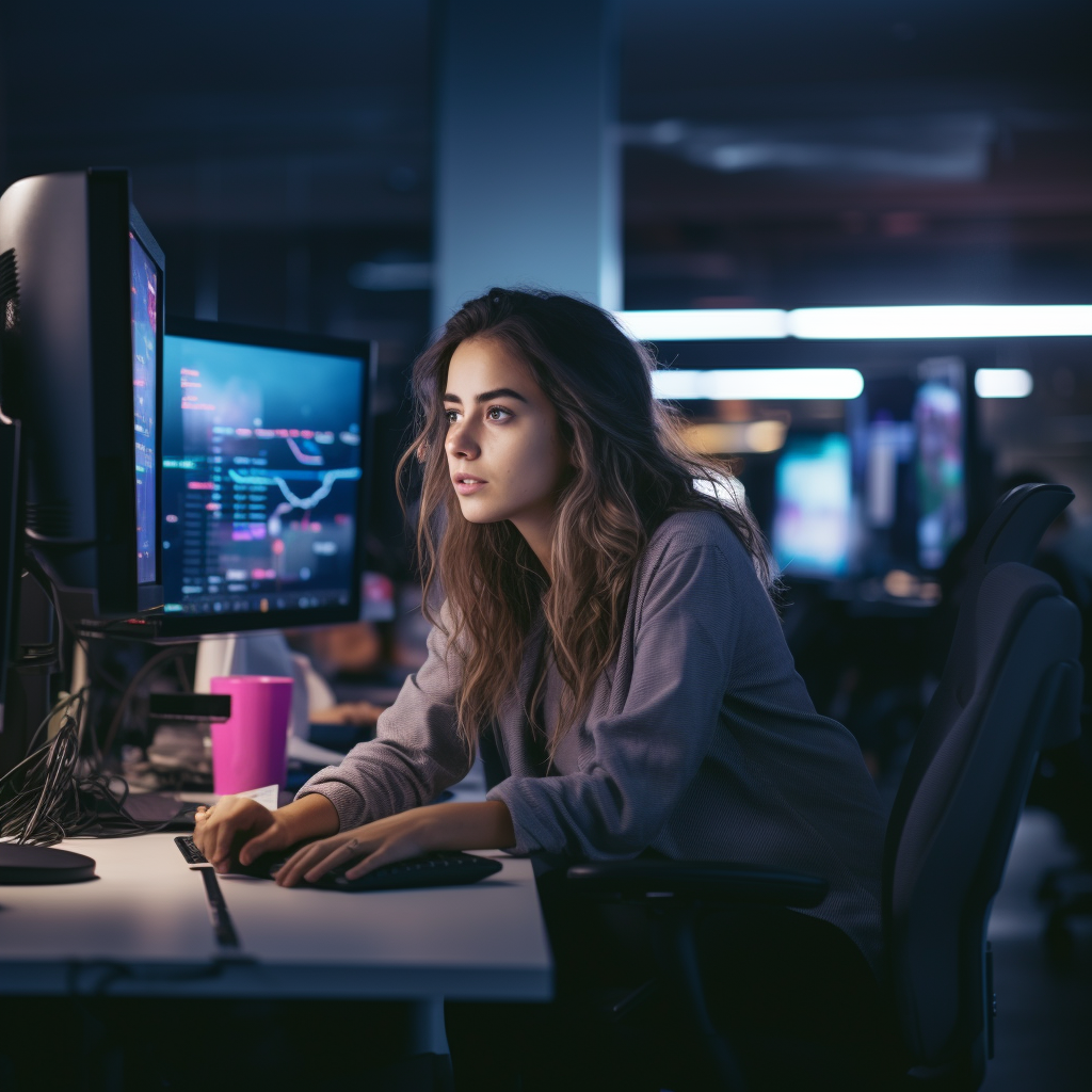 European girl programming in modern office.