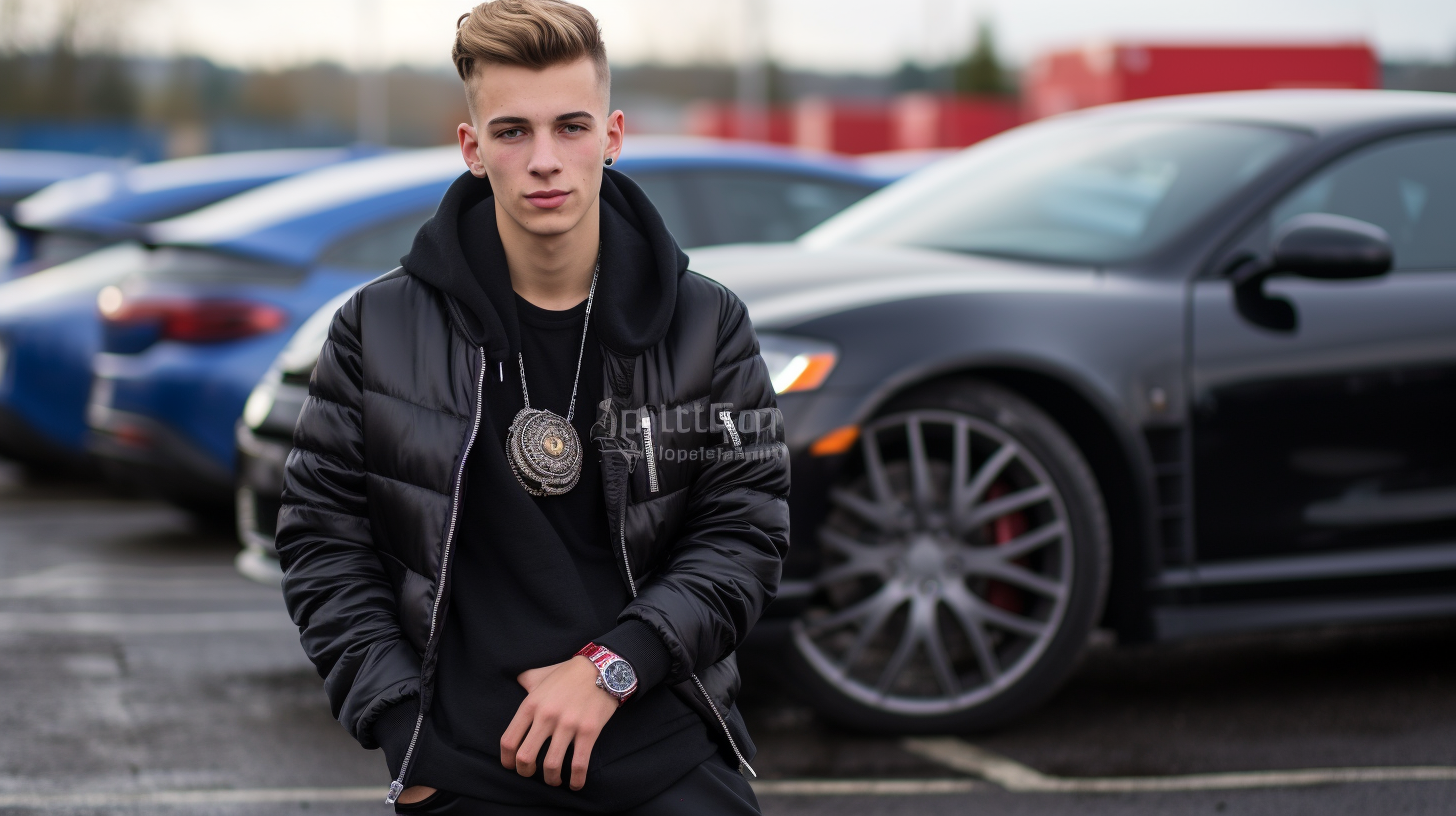 European male high school student with black sports car