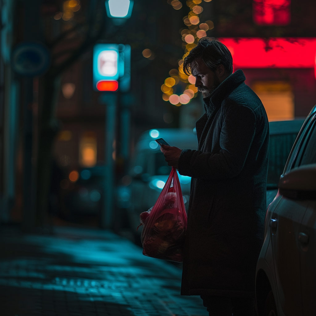 European Man Checking Phone Near Car with Bags of Food