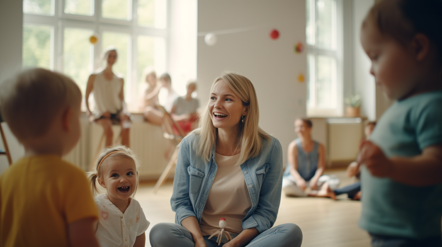 European mothers and children playing in community centre