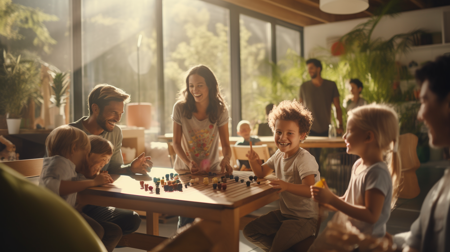 European parents and children playing in community centre