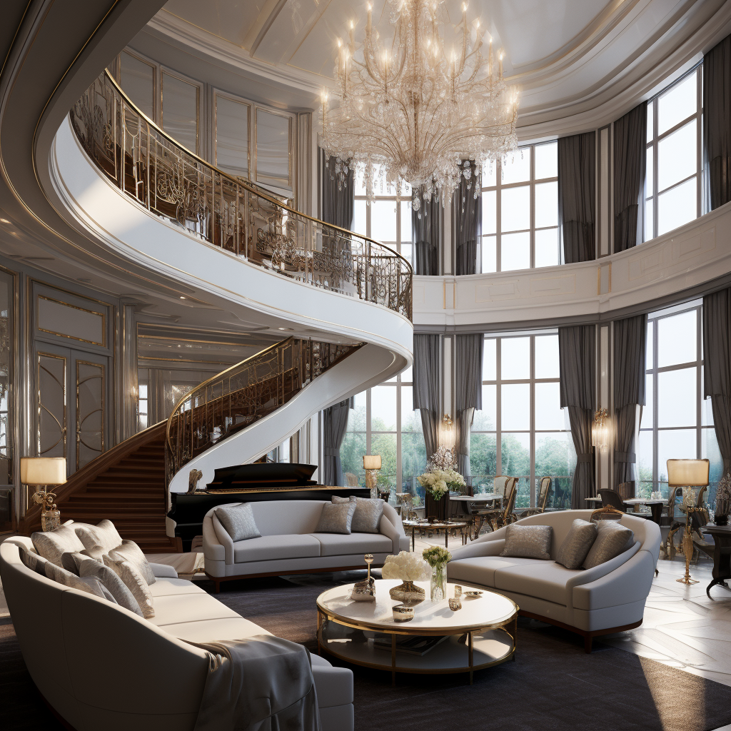 Luxurious double decker living room with grand piano