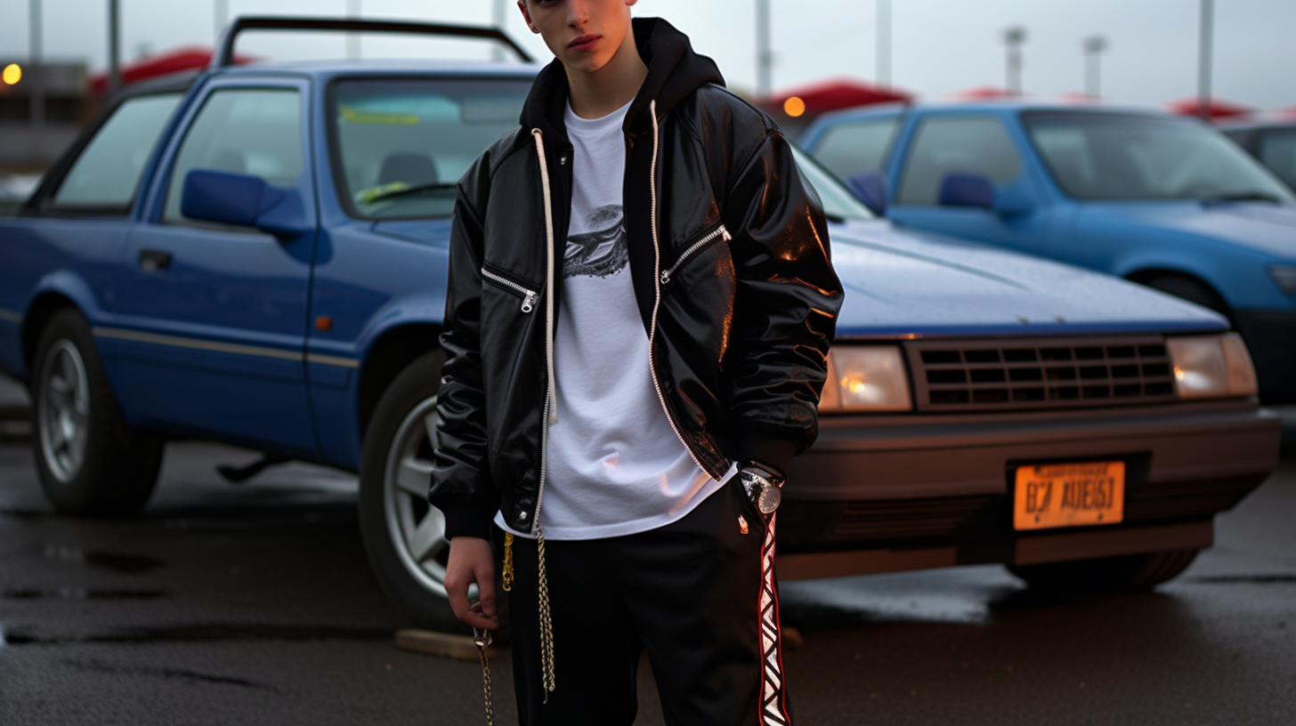 Stylish European Teenage Driver beside Black Sports Car