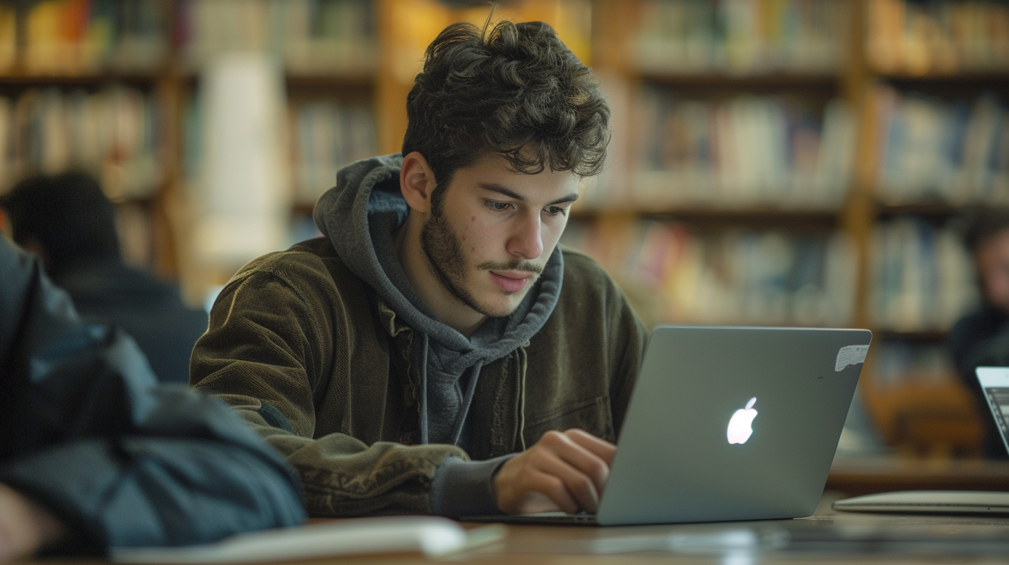 european student using Macbook in class