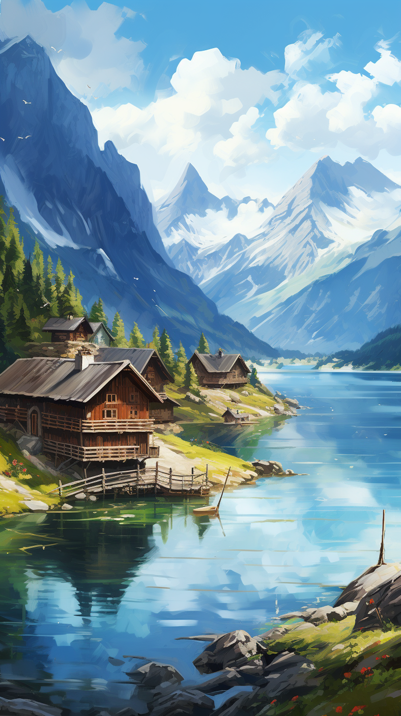 European village landscape with mountains and lake