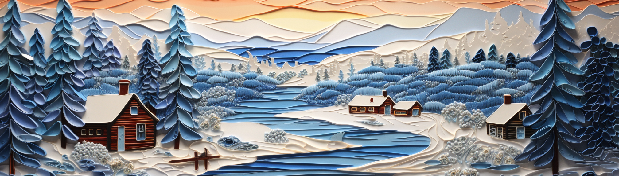 Quilled winter landscape inside log cabin