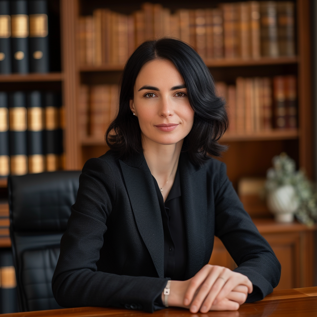 European female lawyer sitting at wooden desk