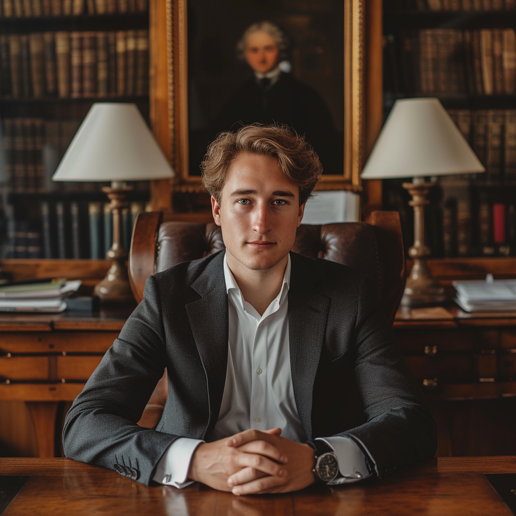 European male lawyer sitting at wooden desk