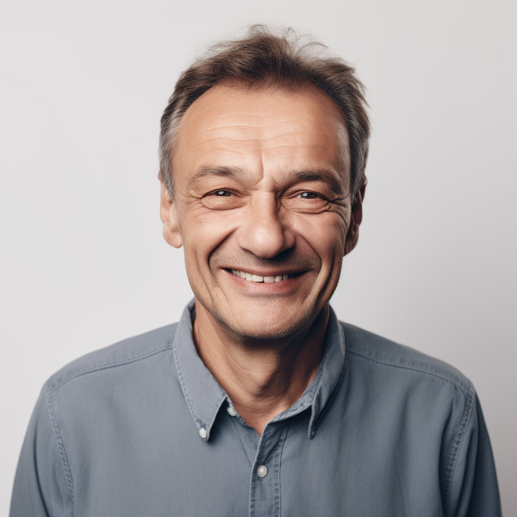 Cheerful European man with modest smile wearing a shirt