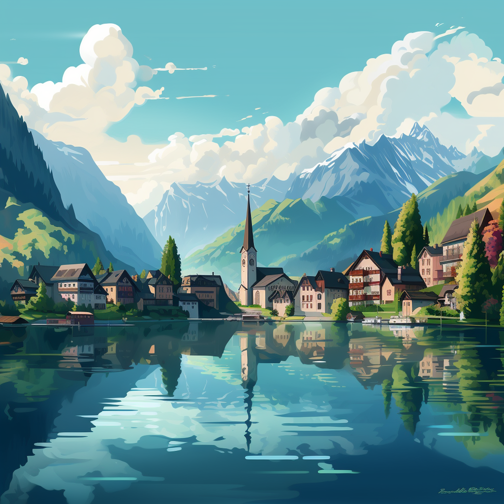 European town surrounded by mountains and lake