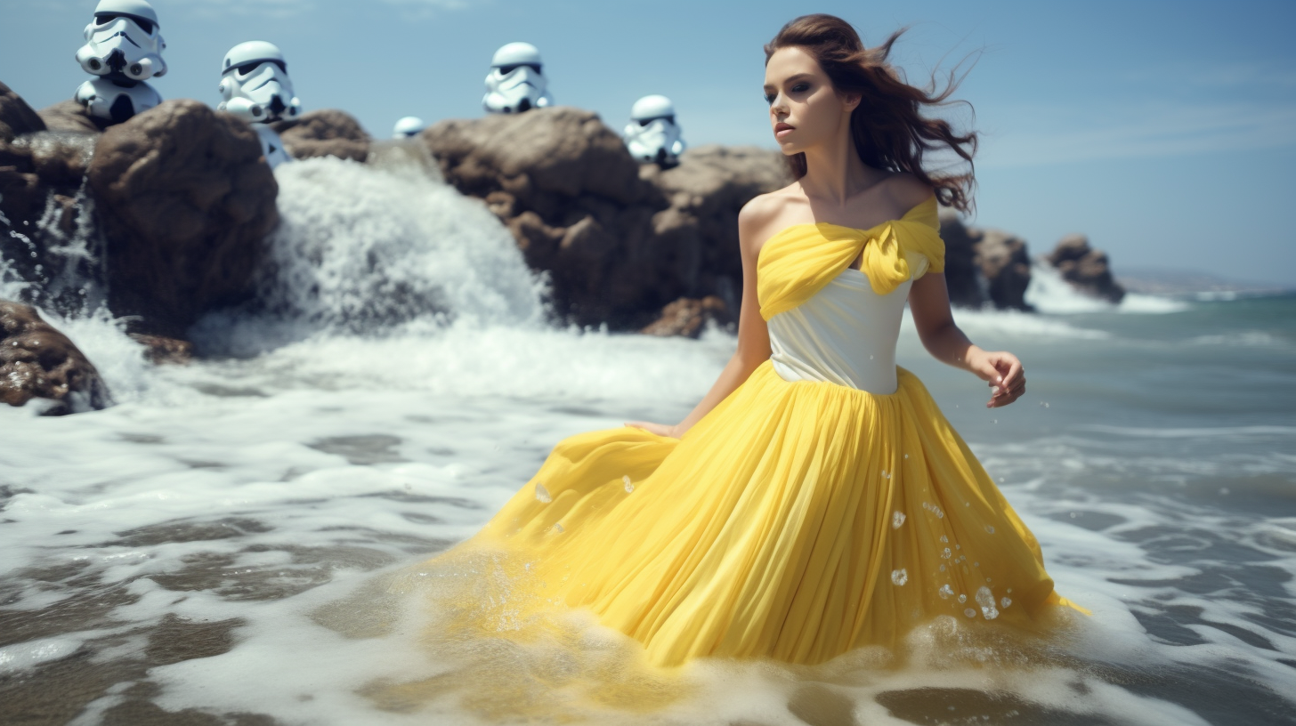 Beautiful woman in yellow haute couture dress