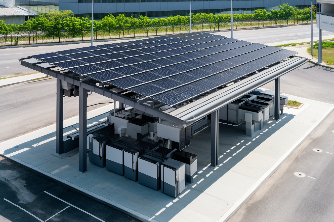 Black solar panel structure at EV charging station