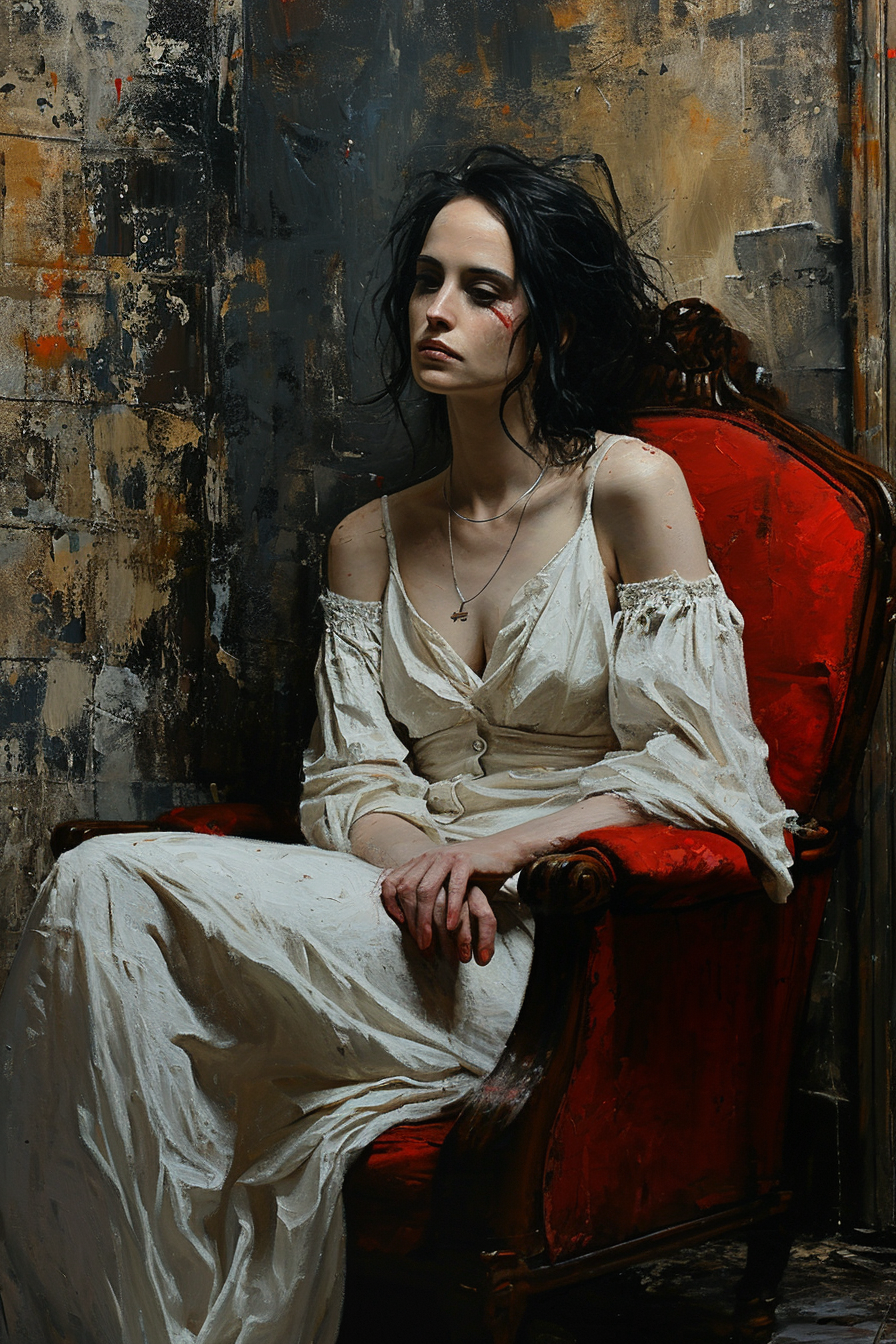 Photorealistic Eva Green painting in an abandoned building