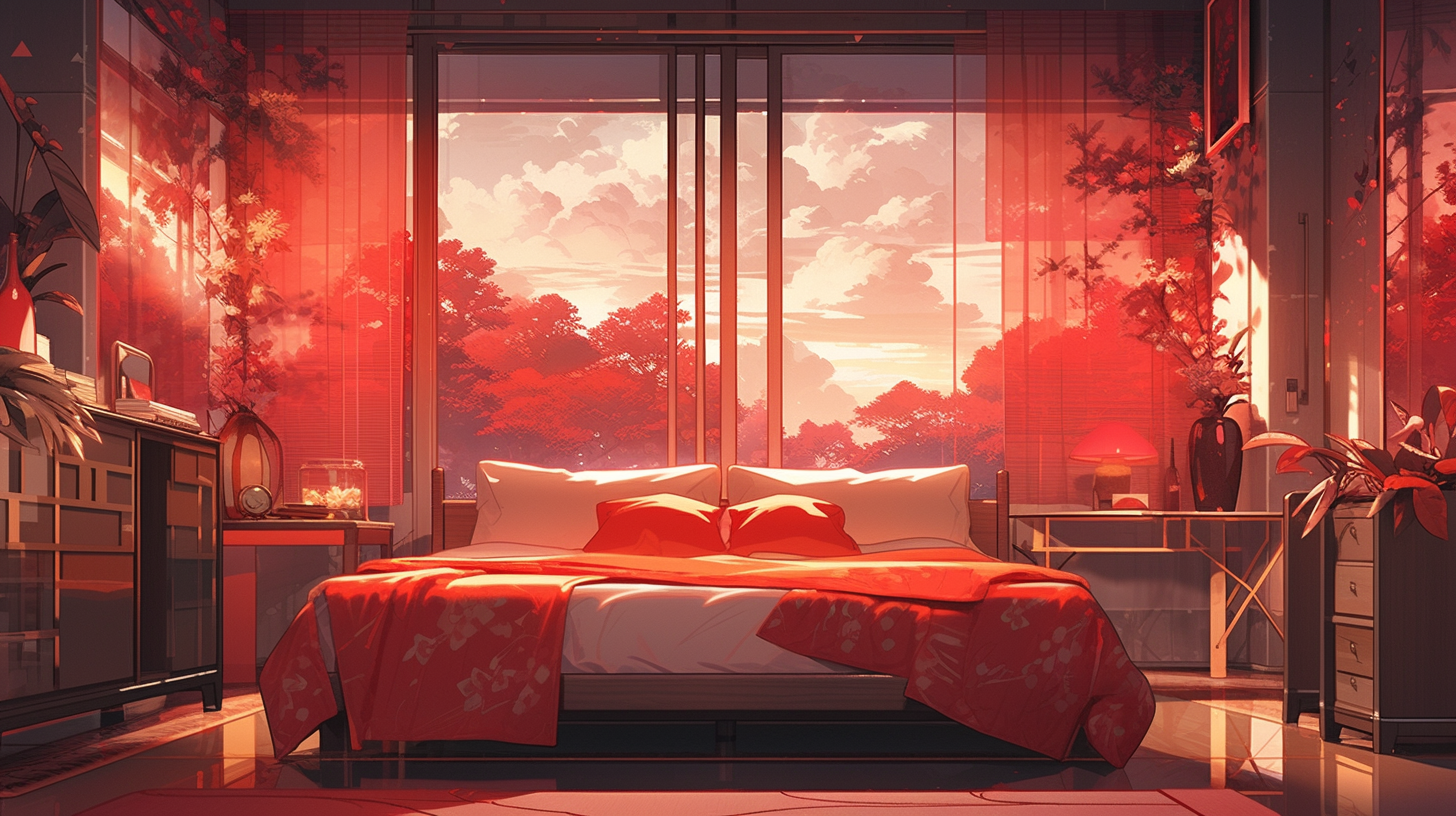 Anime Bedroom with Red-themed Open Window