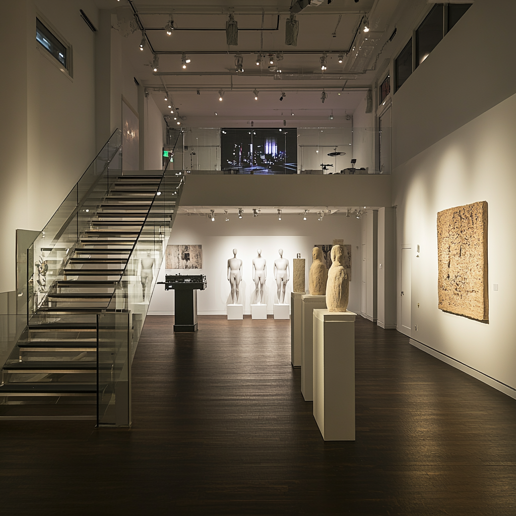 evening event in modern gallery room with mannequins