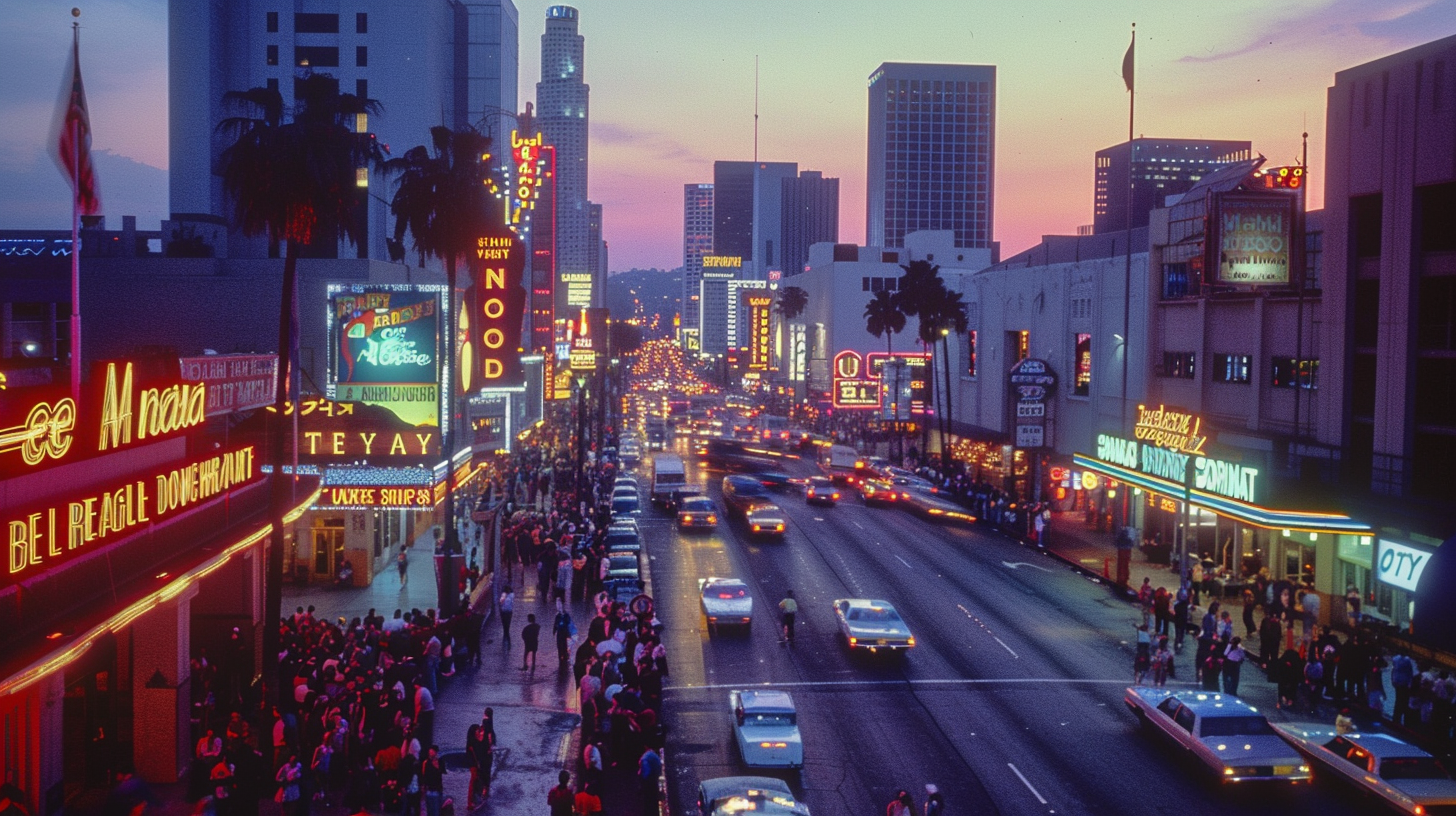 Evening scene Los Angeles 1984 vibrant