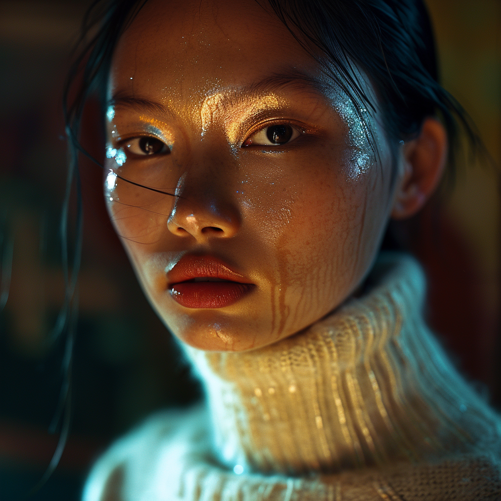 Concept turtleneck sweater with liquid and glossy makeup