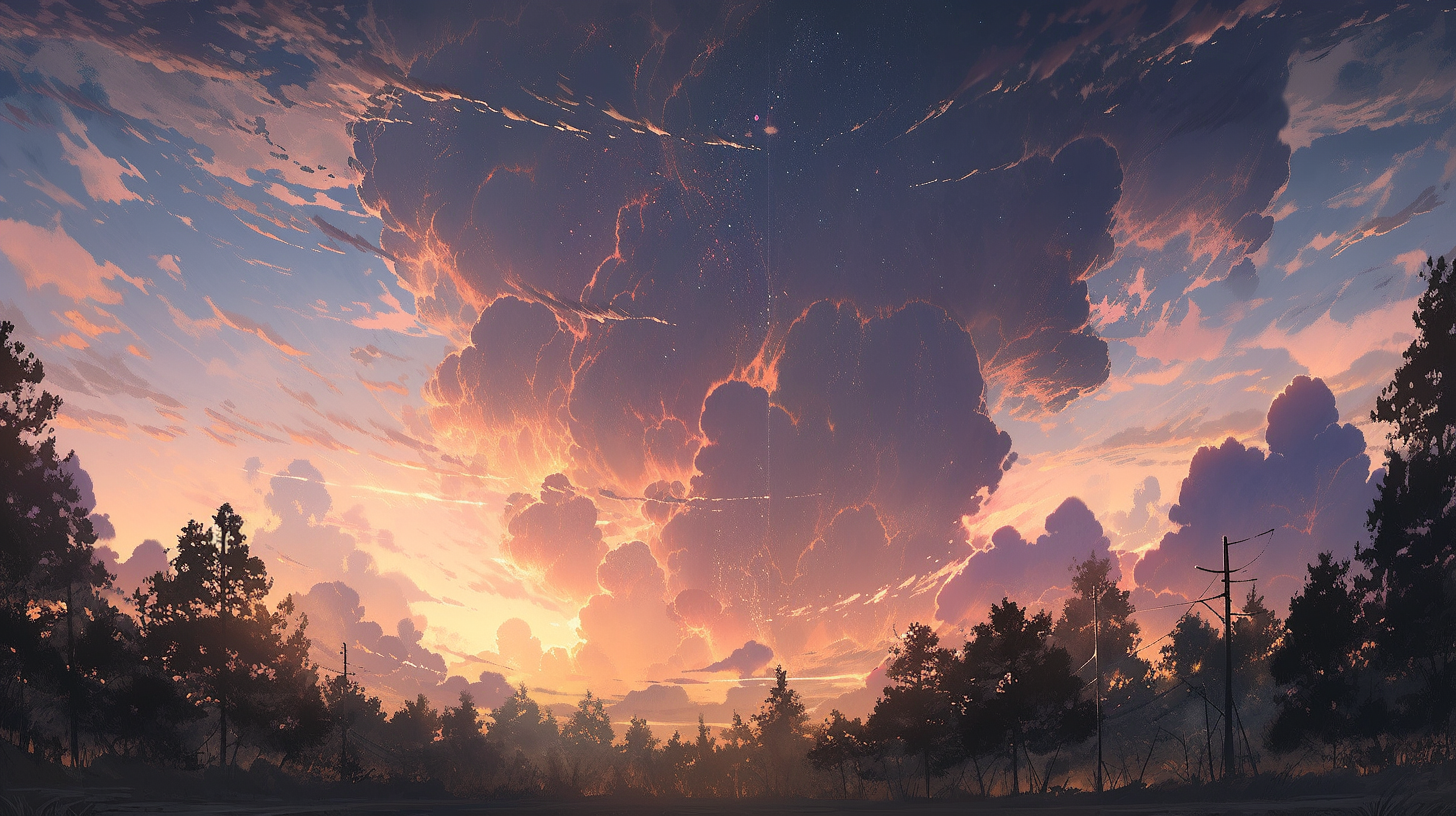 Evening sky sunset with purple lightning striking the ground