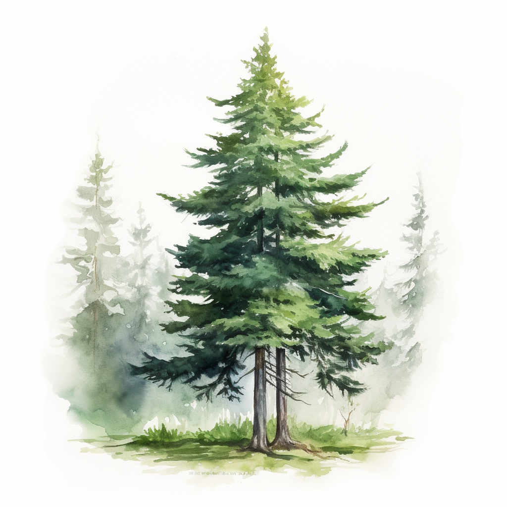 Beautiful watercolor evergreen tree with subtle wash background