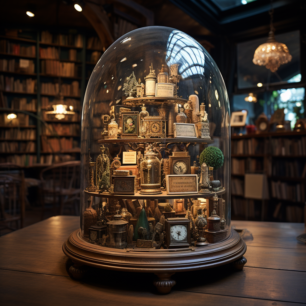 Everyday objects under glass bell in cozy bookshop