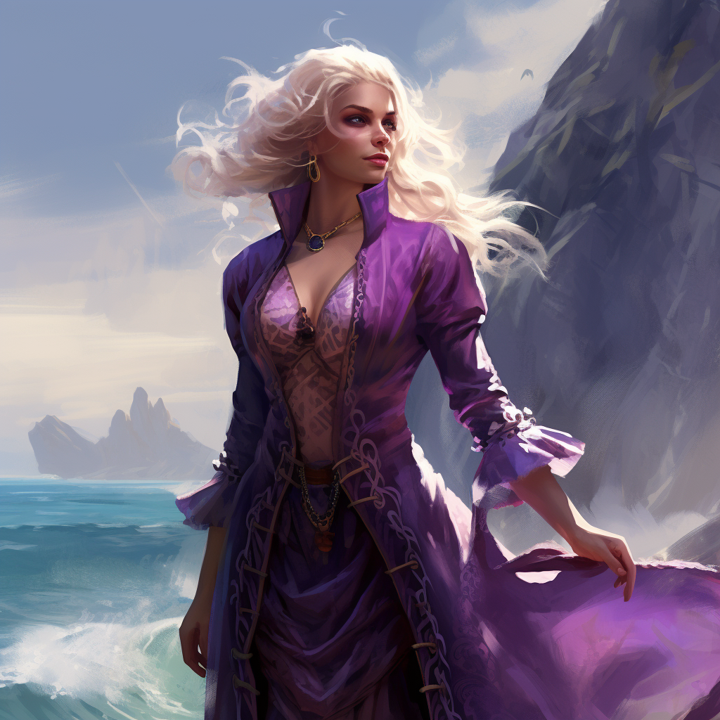 Evil blond female ocean druid in purple clothes