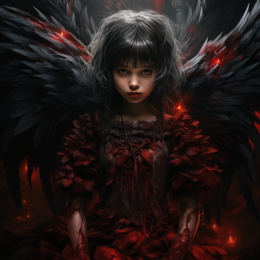 Creepy digital painting of an evil cherub with angel wings