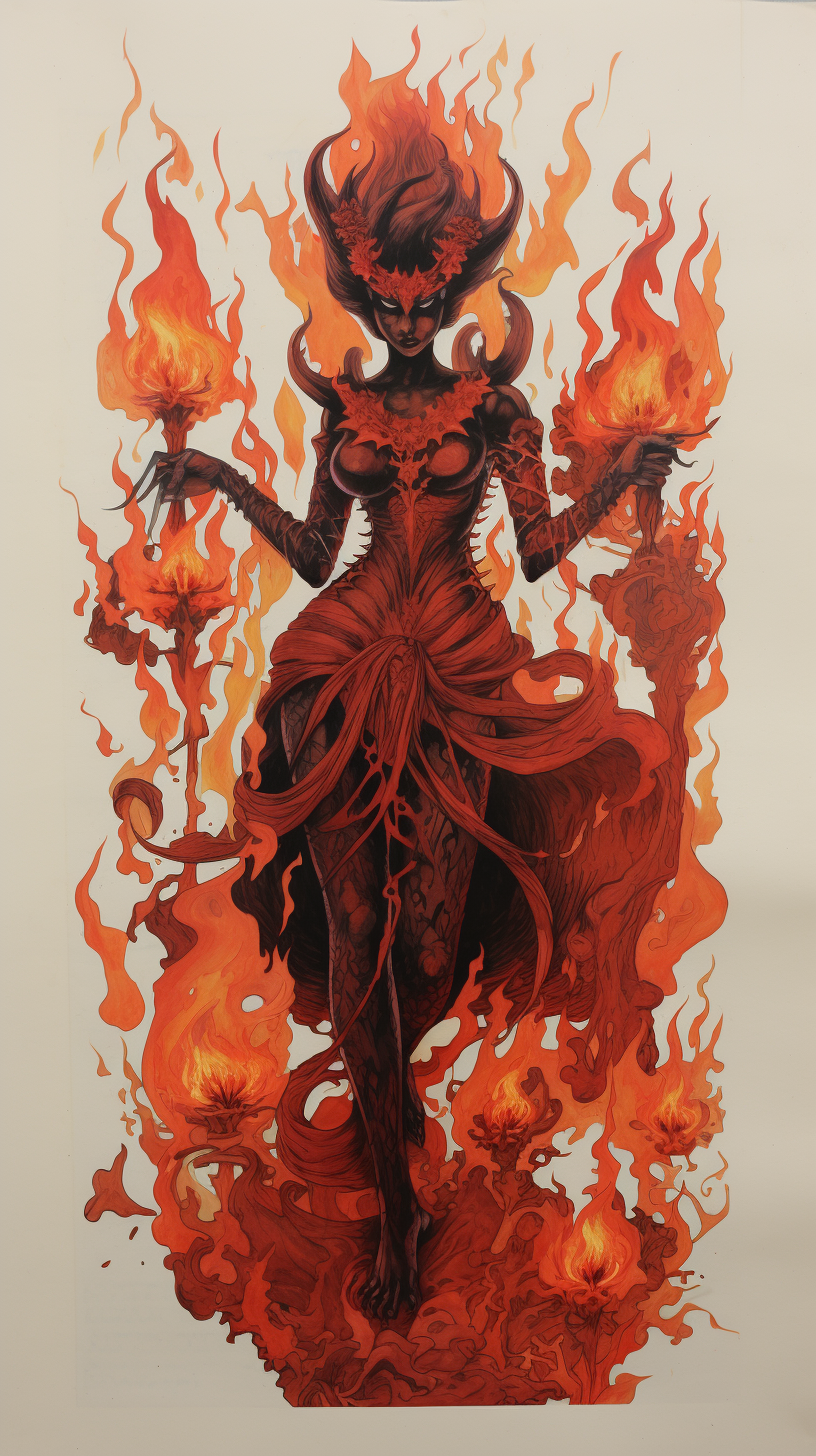 Dark fantasy art of evil jester dancing with fire