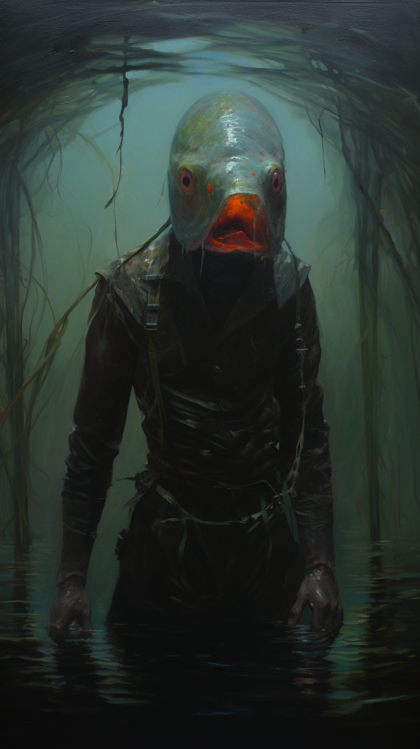 Scary evil fish humanoid creature in a swamp