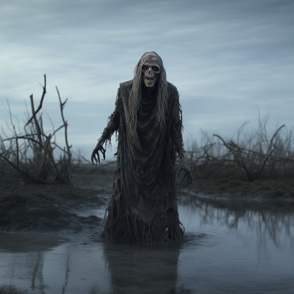 Terrifying water hag in misty bog