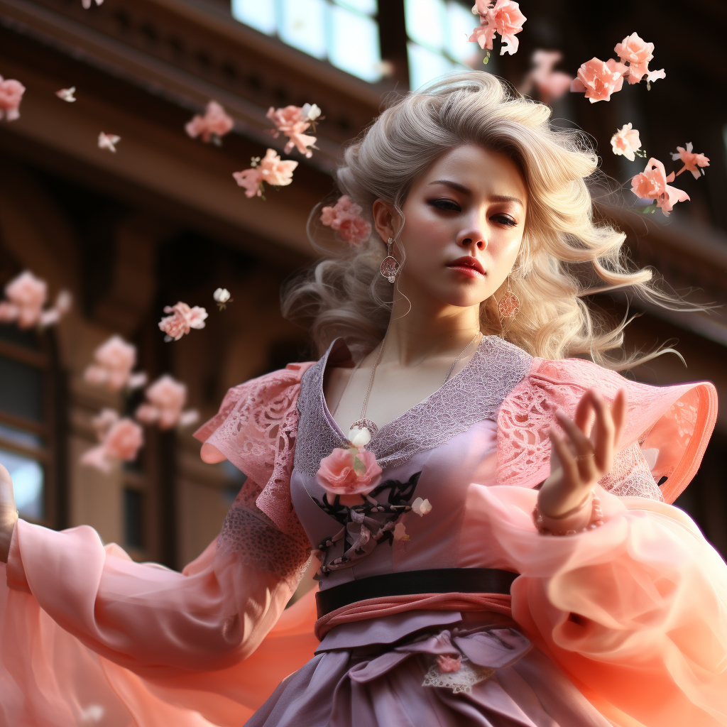 Ethereal Geisha in Orange Chiffon Dress