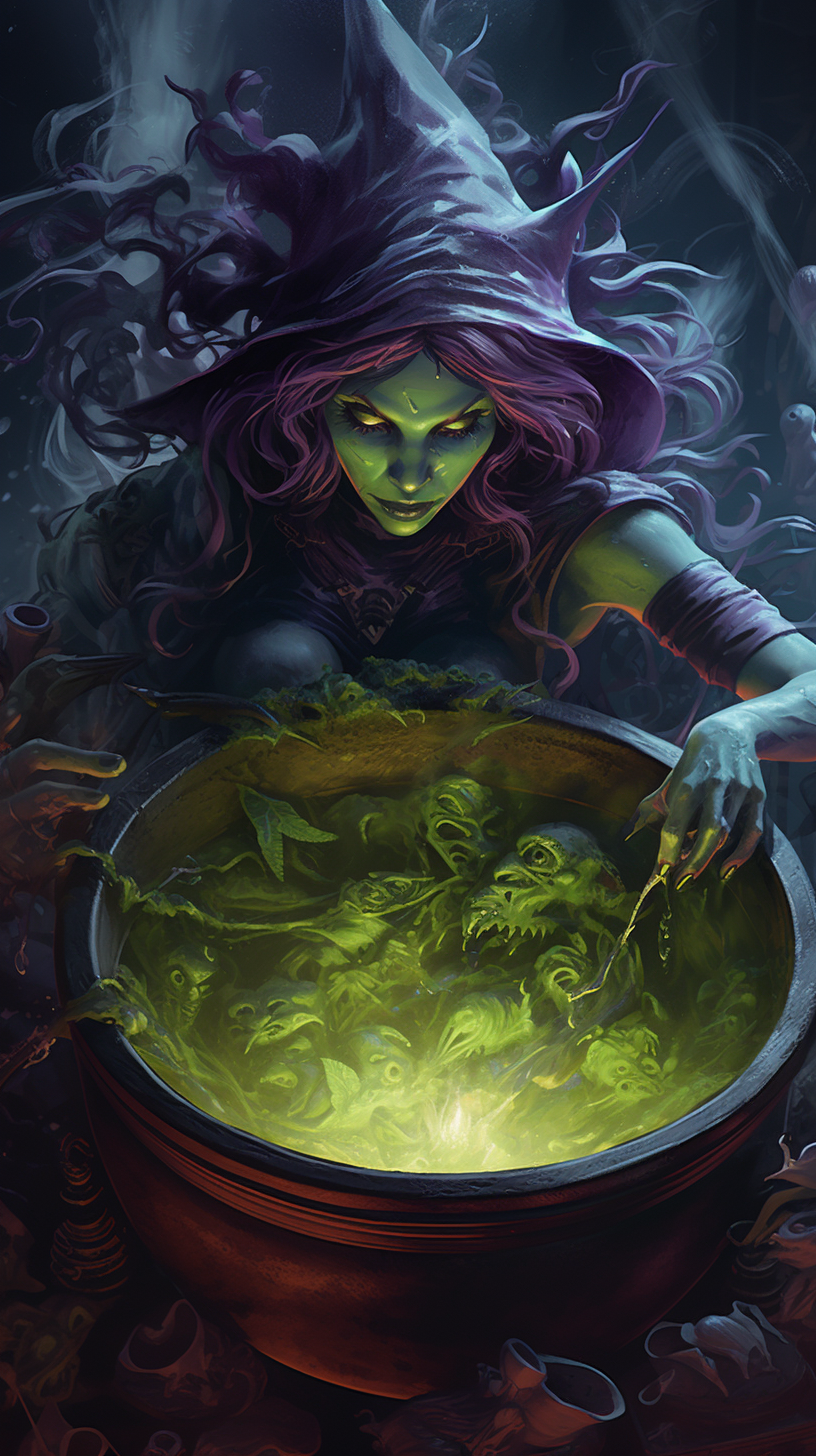 Cinematic close-up of a green-skinned witch cooking