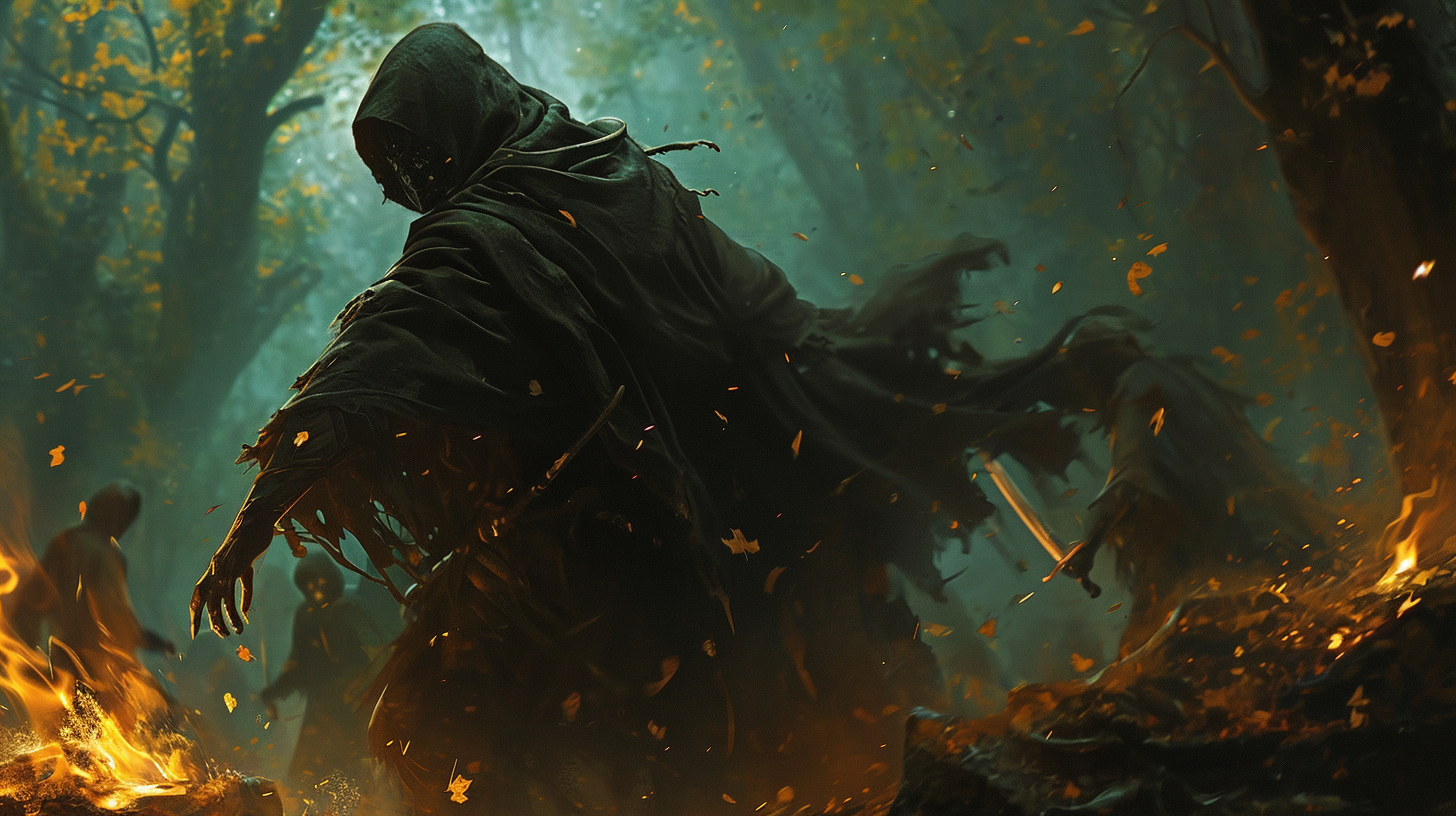 Evil Hooded Man Attacking Five Heralds