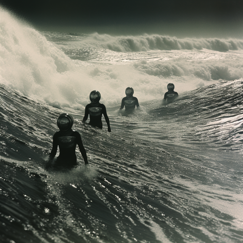 Retro 1960s film image of evil Martians surfing moon waves